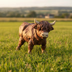 Highland Cow vacă scoțiană 3D - imagine principală cu blană lungă texturată și coarne curbate expresive. RO3D.