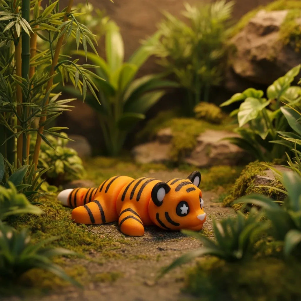 Flexi Tiger tigru articulat 3D - imagine principală variantă colorată, figură premium printată 3D cu articulații flexibile și dungă caracteristică
