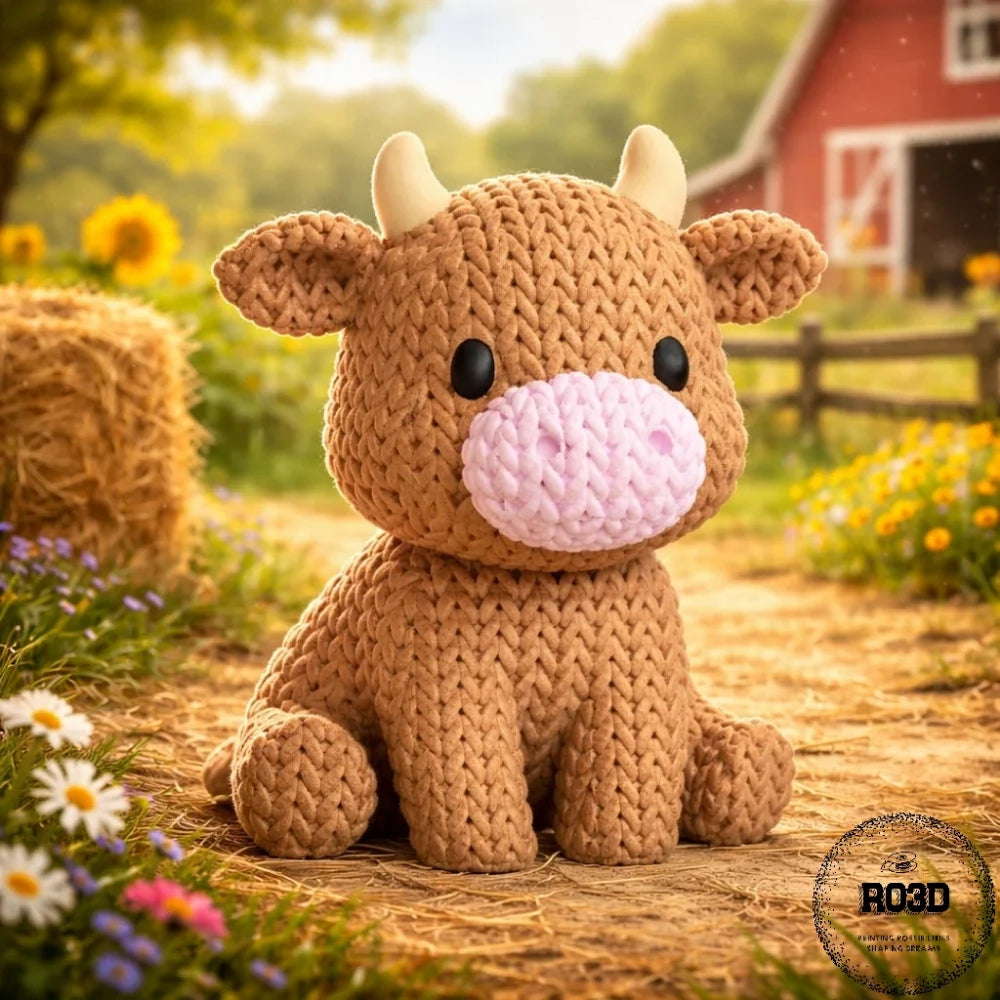 Figurină 3D Knitted Cow - vedere frontală cu textură tricotată