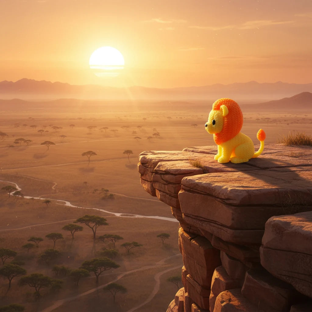 Knitted Lion - variantă colorată, leu articulat 3D cu textură croșetată și finisaj vibrant premium