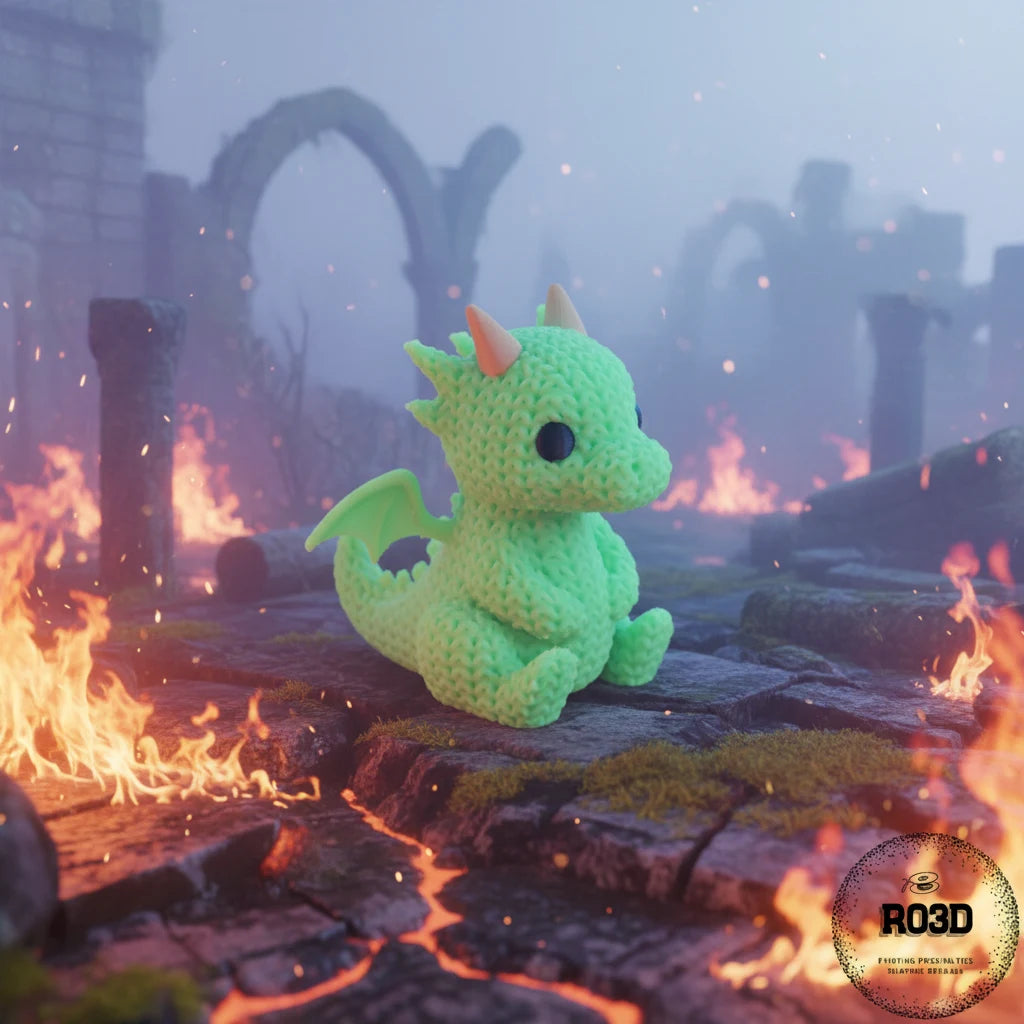 Knitted Dragon - variantă colorată, dragon articulat 3D cu textură croșetată și finisaj vibrant premium.
