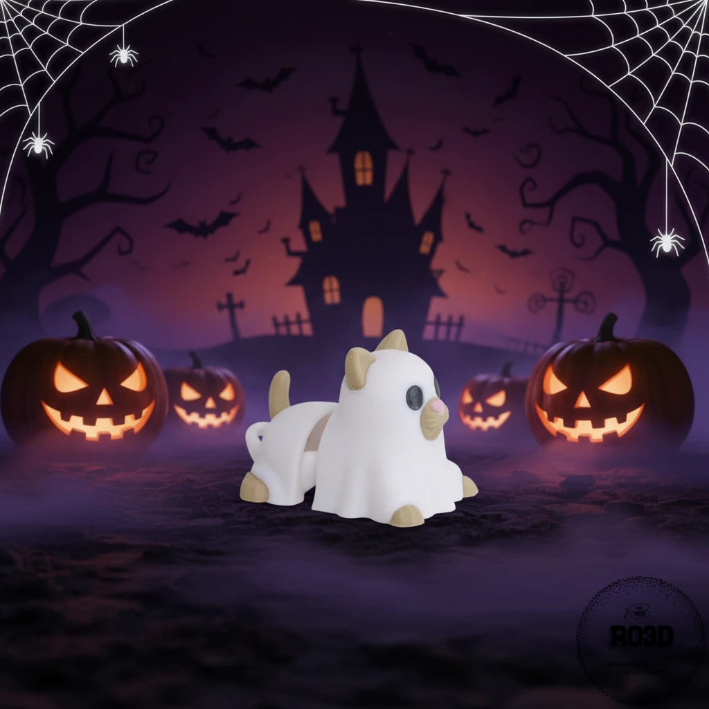 Ghost Cat - Pisică Fantomă Articulată 3D cu Breloc, vedere principală cu design kawaii spooky